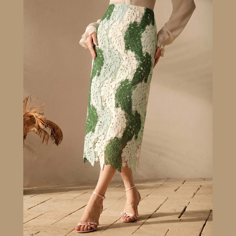 Green & White Lace Midi Skirt - Picture 5 of 7
